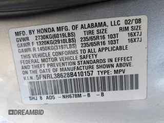 2008 Honda Odyssey EX-L with VIN 5FNRL38628B410157, listed as a IAAI auction lot 42072217 with 240,099 mi miles and . Bid and sale history available at DreamBid. Image 9.