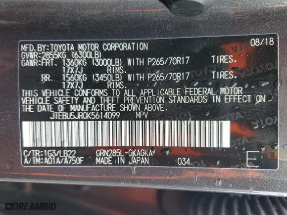 2019 Toyota 4Runner SR5 with VIN JTEBU5JR0K5614099, listed as a Copart auction lot 48896605 with 106,919 mi miles and Salvage Title. Bid and sale history available at carsss.com. Image 13.