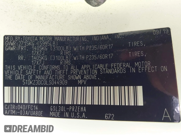 2020 Toyota Sienna LE Auto Access Seat с VIN 5TDKZ3DC0LS044909, выставлен на аукционе IAAI как лот 42289084 с пробегом 71 090 миль миль и . История ставок и продаж доступна на DreamBid. Изображение 9.