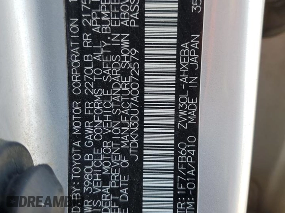 2010 Toyota Prius II with VIN JTDKN3DU7A0072579, listed as a Copart auction lot 52017205 with 278,654 mi miles and Salvage Title. Bid and sale history available at carsss.com. Image 15.