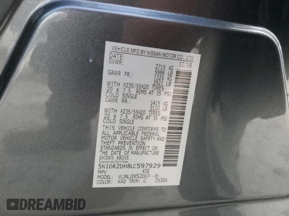 2020 Nissan Pathfinder Platinum with VIN 5N1DR2DM8LC597929, listed as a Copart auction lot 85009934 with 72,294 mi miles and Salvage Title. Bid and sale history available at carsss.com. Image 13.