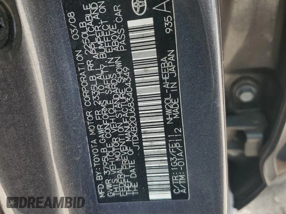 2008 Toyota Prius with VIN JTDKB20U683404349, listed as a Copart auction lot 54407325 with 132,140 mi miles and Salvage Title. Bid and sale history available at DreamBid. Image 12.