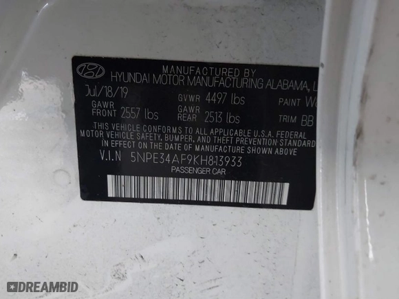 2019 Hyundai Sonata Sport with VIN 5NPE34AF9KH813933, listed as a IAAI auction lot 40777165 with 112,654 mi miles. Bid and sale history available at carsss.com. Image 9.