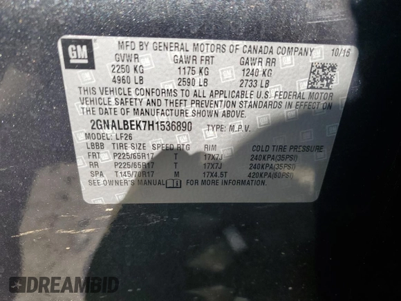 2017 Chevrolet Equinox LS with VIN 2GNALBEK7H1536890, listed as a Copart auction lot 45971515 with 209,645 mi miles and Clean Title. Bid and sale history available at carsss.com. Image 14.