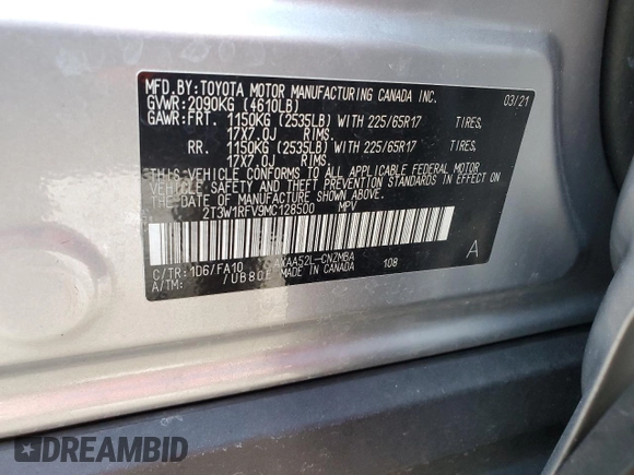 2021 Toyota RAV4 XLE with VIN 2T3W1RFV9MC128500, listed as a Copart auction lot 51896685 with 56,438 mi miles and Salvage Title. Bid and sale history available at carsss.com. Image 13.