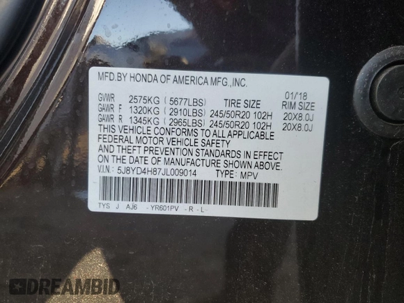 2018 Acura MDX Advance with VIN 5J8YD4H87JL009014, listed as a Copart auction lot 82551104 with 76,966 mi miles and Salvage Title. Bid and sale history available at carsss.com. Image 14.