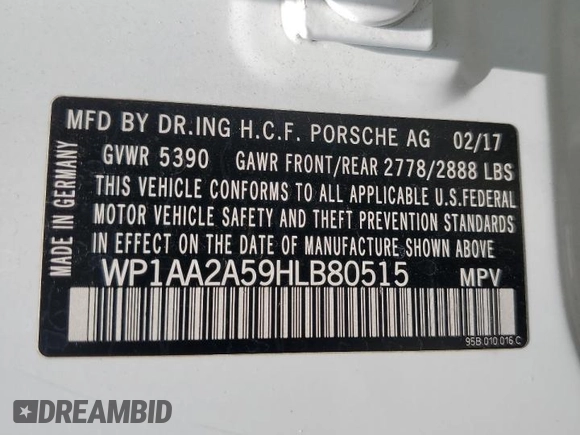 2017 Porsche Macan with VIN WP1AA2A59HLB80515, listed as a Copart auction lot 59696085 with 70,282 mi miles and Salvage title. Bid and sale history available at DreamBid. Image 14.