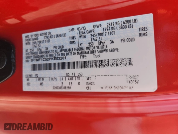 2023 Ford F-150 XL with VIN 1FTMF1C52PKE03201, listed as a Copart auction lot 59740895 with 36,713 mi miles and Salvage title. Bid and sale history available at DreamBid. Image 12.