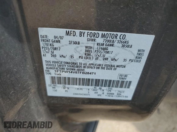 2007 Ford F-150 XLT with VIN 1FTPW14V87FB28471, listed as a Copart auction lot 55697665 with 105,458 mi miles and Clean Title. Bid and sale history available at DreamBid. Image 12.