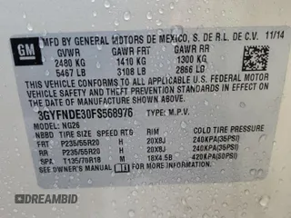 2015 Cadillac SRX Premium Collection with VIN 3GYFNDE30FS568976, listed as a Copart auction lot 57725515 with 67,622 mi miles and Salvage title. Bid and sale history available at DreamBid. Image 13.