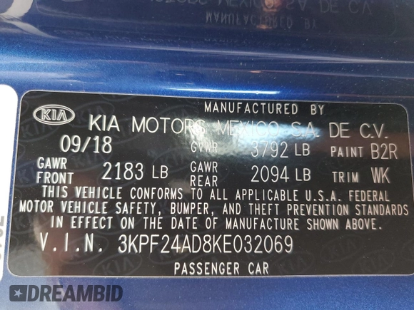 2019 Kia Forte LXS with VIN 3KPF24AD8KE032069, listed as a Copart auction lot 61083325 with 40,400 mi miles and Clean title. Bid and sale history available at DreamBid. Image 12.
