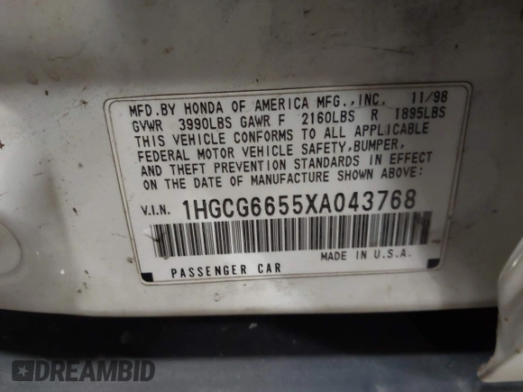 1999 Honda Accord LX with VIN 1HGCG6655XA043768, listed as a IAAI auction lot 42349237 with Not provided miles and . Bid and sale history available at DreamBid. Image 9.