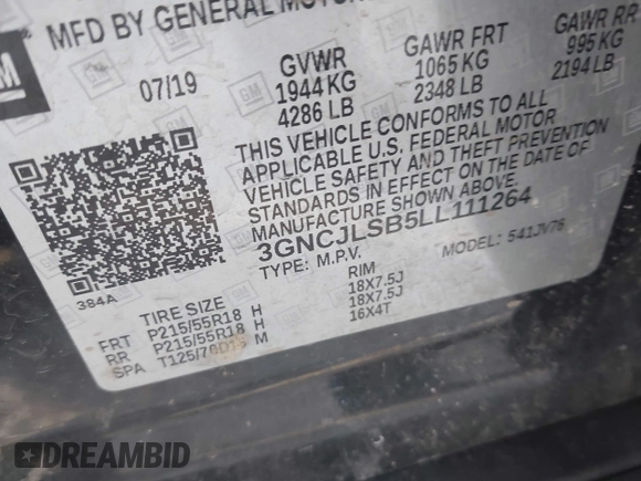 2020 Chevrolet Trax LT with VIN 3GNCJLSB5LL111264, listed as a IAAI auction lot 41385302 with 60,369 mi miles and . Bid and sale history available at DreamBid. Image 9.
