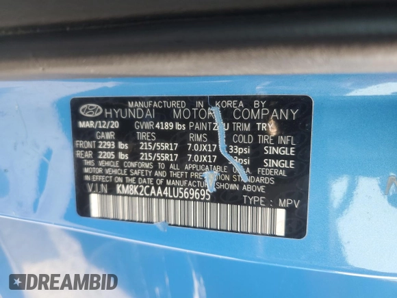 2020 Hyundai Kona SEL with VIN KM8K2CAA4LU569695, listed as a Copart auction lot 60736185 with 63,782 mi miles and Salvage title. Bid and sale history available at DreamBid. Image 13.