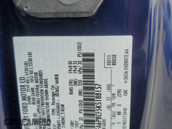 2019 Ford Mustang GT with VIN 1FA6P8CF5K5188157, listed as a Copart auction lot 62014865 with 14,346 mi miles and Salvage title. Bid and sale history available at DreamBid. Image 12.