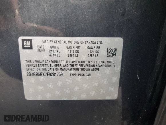 2015 Buick Regal Premium II with VIN 2G4GR5GX7F9281759, listed as a Copart auction lot 51153125 with 143,151 mi miles and Salvage title. Bid and sale history available at DreamBid. Image 14.