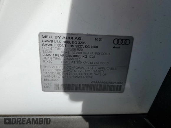2022 Audi e-tron Premium with VIN WA1AAAGE3NB013467, listed as a Copart auction lot 47391893 with 22,979 mi miles. Bid and sale history available at carsss.com. Image 13.