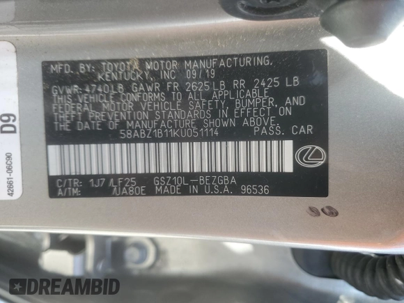 2019 Lexus ES 350 with VIN 58ABZ1B11KU051114, listed as a Copart auction lot 51112865 with 75,597 mi miles and Clean Title. Bid and sale history available at DreamBid. Image 13.
