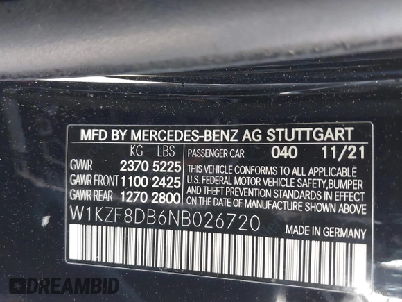 2022 Mercedes-Benz E-Class E 350 with VIN W1KZF8DB6NB026720, listed as a IAAI auction lot 41603311 with 1 mi miles. Bid and sale history available at carsss.com. Image 9.