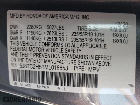 2021 Acura RDX w/Technology Package with VIN 5J8TC2H51ML018853, listed as a Copart auction lot 68935084 with 33,005 mi miles and Salvage Title. Bid and sale history available at carsss.com. Image 13.