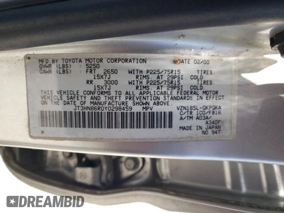 2000 Toyota 4Runner SR5 z VIN JT3HN86R0Y0298459, wystawiony jako Copart lot #58188415 z przebiegiem 138 312 mil mil oraz Czysty tytuł • Clean title. Historia ofert i sprzedaży dostępna na DreamBid. Obrazek 13.
