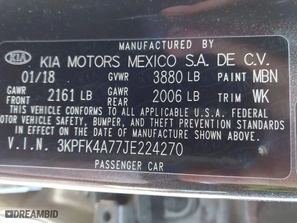 2018 Kia Forte LX with VIN 3KPFK4A77JE224270, listed as a IAAI auction lot 41801085 with 41,474 mi miles. Bid and sale history available at carsss.com. Image 9.