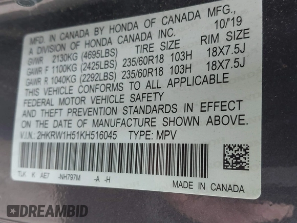 2019 Honda CR-V EX with VIN 2HKRW1H51KH516045, listed as a IAAI auction lot 41834293 with 113,438 mi miles. Bid and sale history available at carsss.com. Image 9.