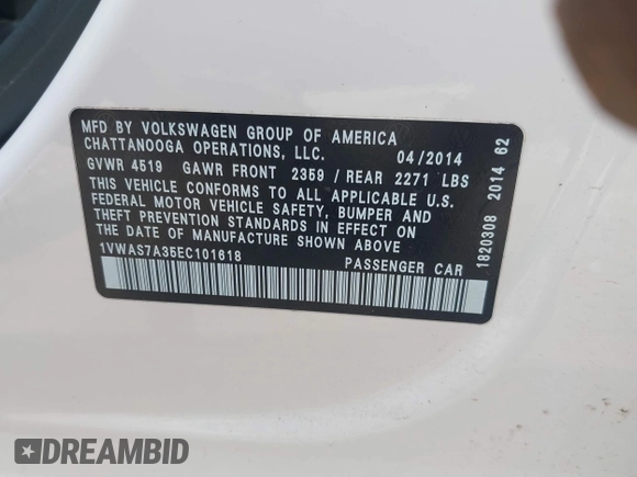 2014 Volkswagen Passat Wolfsburg Edition с VIN 1VWAS7A35EC101618, выставлен на аукционе IAAI как лот 42682368 с пробегом 187 862 миль миль и . История ставок и продаж доступна на DreamBid. Изображение 9.