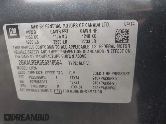 2014 GMC Terrain SLE с VIN 2GKALREK5E6318564, выставлен на аукционе IAAI как лот 42437823 с пробегом 126 741 миль миль и . История ставок и продаж доступна на DreamBid. Изображение 9.