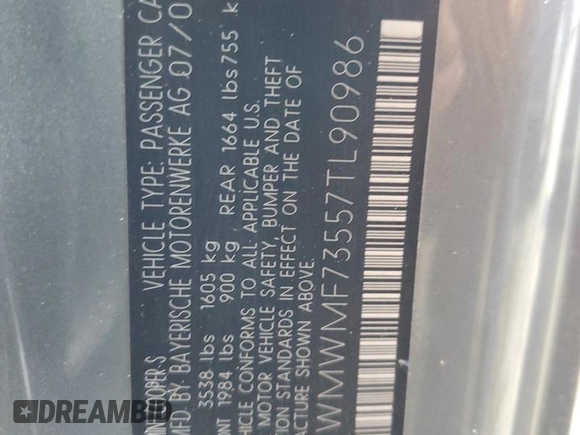 2007 MINI Hardtop S with VIN WMWMF73557TL90986, listed as a Copart auction lot 57850585 with 185,423 mi miles and Salvage title. Bid and sale history available at DreamBid. Image 12.