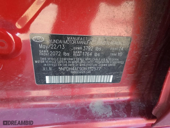 2013 Hyundai Elantra GLS PZEV with VIN 5NPDH4AE9DH352577, listed as a Copart auction lot 45100665 with 84,773 mi miles and Salvage Title. Bid and sale history available at carsss.com. Image 12.