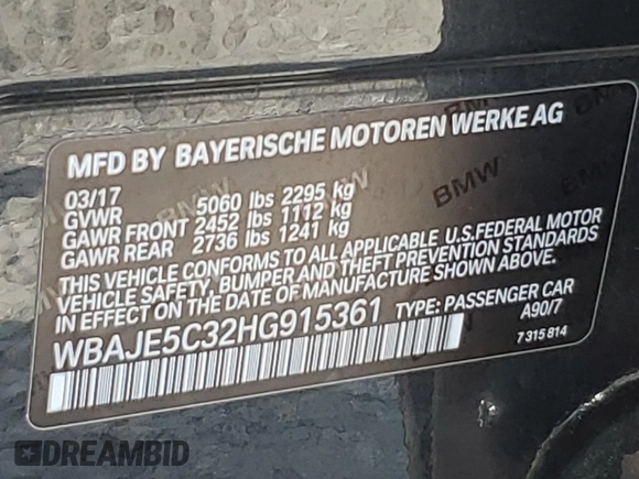 2017 BMW 5 Series 540i with VIN WBAJE5C32HG915361, listed as a Copart auction lot 59996755 with 45,421 mi miles and Salvage title. Bid and sale history available at DreamBid. Image 12.
