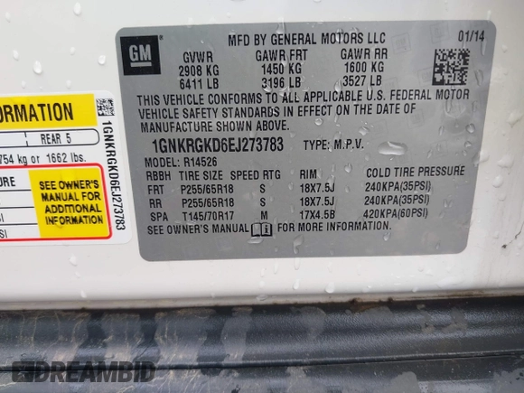 2014 Chevrolet Traverse LT with VIN 1GNKRGKD6EJ273783, listed as a IAAI auction lot 42103544 with 107,179 mi miles and . Bid and sale history available at DreamBid. Image 9.