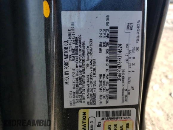 2015 Ford Fusion SE z VIN 3FA6P0H76FR114624, wystawiony jako Copart lot #46338425 z przebiegiem 123 503 mil mil oraz Szkoda całkowita • Salvage title. Historia ofert i sprzedaży dostępna na DreamBid. Obrazek 14.