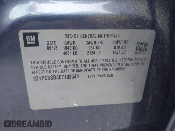 2014 Chevrolet Cruze 1LT with VIN 1G1PC5SB4E7103544, listed as a IAAI auction lot 42632096 with 119,175 mi miles and . Bid and sale history available at DreamBid. Image 9.