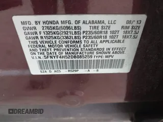 2013 Honda Pilot EX-L with VIN 5FNYF4H52DB085259, listed as a IAAI auction lot 42120763 with 96,744 mi miles and . Bid and sale history available at DreamBid. Image 9.