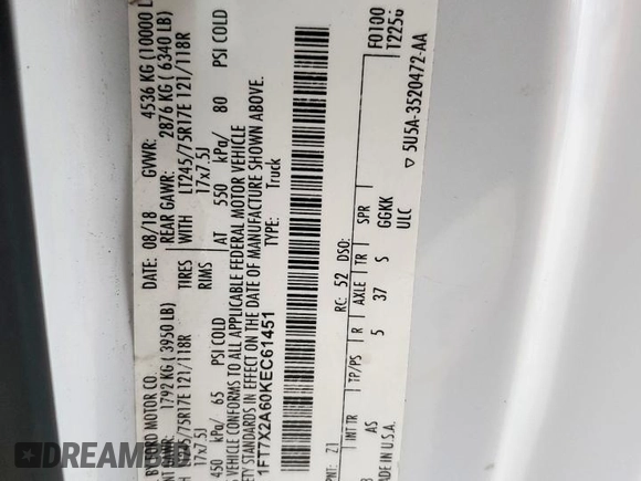 2019 Ford F-250 XL with VIN 1FT7X2A60KEC61451, listed as a Copart auction lot 51458805 with 193,809 mi miles and Salvage title. Bid and sale history available at DreamBid. Image 14.