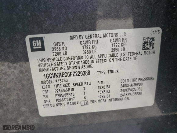 2015 Chevrolet Silverado 1500 LT with VIN 1GCVKREC6FZ229388, listed as a Copart auction lot 63079794 with 0 mi miles and Salvage Title. Bid and sale history available at carsss.com. Image 12.