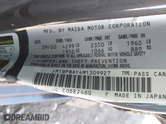 2021 Mazda 3 2.5 Turbo with VIN JM1BPBAY4M1309927, listed as a IAAI auction lot 41367164 with 22,331 mi miles and . Bid and sale history available at DreamBid. Image 9.