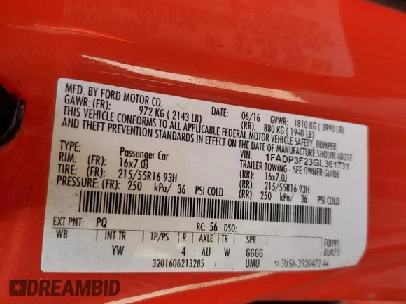 2016 Ford Focus SE with VIN 1FADP3F23GL361731, listed as a Copart auction lot 55118245 with 68,854 mi miles and Salvage Title. Bid and sale history available at carsss.com. Image 12.