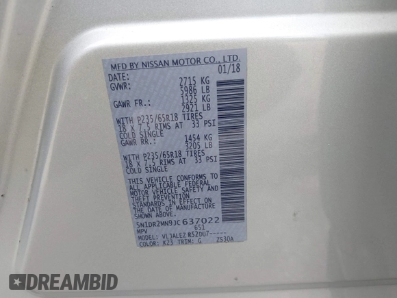 2018 Nissan Pathfinder S with VIN 5N1DR2MN9JC637022, listed as a IAAI auction lot 40555746 with 96,269 mi miles and . Bid and sale history available at DreamBid. Image 9.
