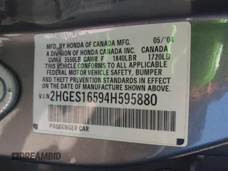 2004 Honda Civic LX z VIN 2HGES16594H595880, wystawiony jako IAAI lot #42293793 z przebiegiem 112 535 mil mil oraz . Historia ofert i sprzedaży dostępna na DreamBid. Obrazek 9.