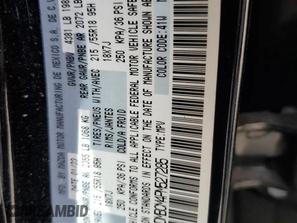 2023 Mazda CX-30 S Carbon Edition with VIN 3MVDMBCM4PM527285, listed as a Copart auction lot 47938225 with 29,650 mi miles and Salvage title. Bid and sale history available at DreamBid. Image 12.
