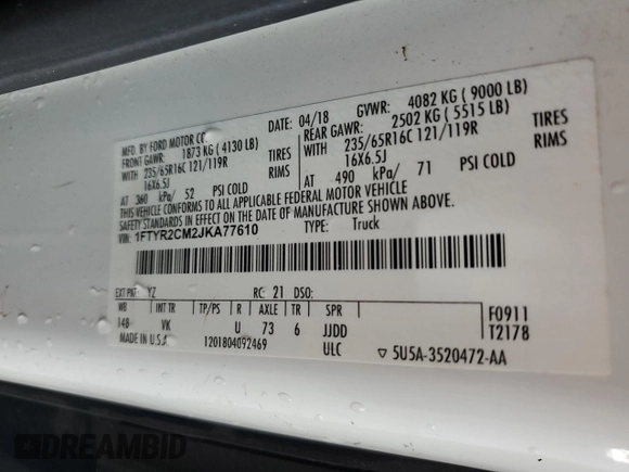 2018 Ford Transit with VIN 1FTYR2CM2JKA77610, listed as a Copart auction lot 62169705 with 242,826 mi miles and Clean title. Bid and sale history available at DreamBid. Image 13.