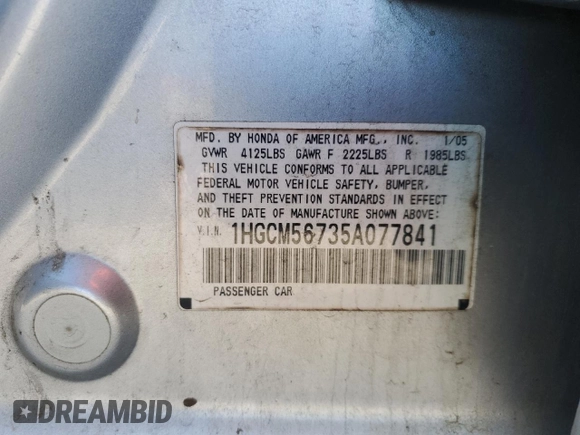 2005 Honda Accord EX with VIN 1HGCM56735A077841, listed as a Copart auction lot 45274465 with 215,670 mi miles and Salvage Title. Bid and sale history available at DreamBid. Image 14.