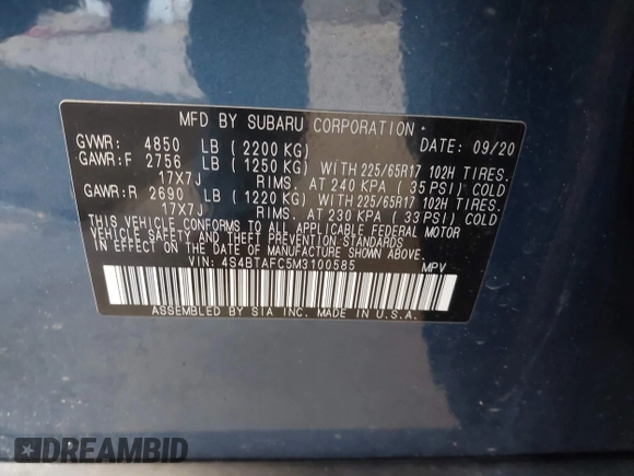 2021 Subaru Outback Premium with VIN 4S4BTAFC5M3100585, listed as a IAAI auction lot 42566913 with Not provided miles and . Bid and sale history available at DreamBid. Image 9.