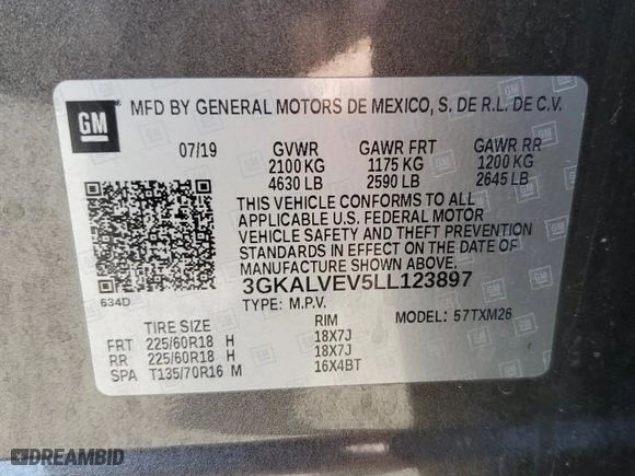 2020 GMC Terrain SLT with VIN 3GKALVEV5LL123897, listed as a Copart auction lot 49029585 with 120,415 mi miles and Salvage Title. Bid and sale history available at carsss.com. Image 13.