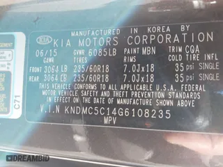 2016 Kia Sedona EX with VIN KNDMC5C14G6108235, listed as a IAAI auction lot 41497169 with 105,218 mi miles. Bid and sale history available at carsss.com. Image 9.