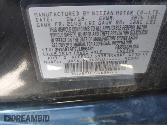 2018 Nissan Sentra SV with VIN 3N1AB7AP7JL656481, listed as a IAAI auction lot 41740189 with 80,546 mi miles and . Bid and sale history available at DreamBid. Image 9.