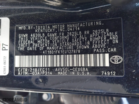 2014 Toyota Camry Hybrid LE with VIN 4T1BD1FK1EU127878, listed as a IAAI auction lot 41823638 with 179,141 mi miles. Bid and sale history available at carsss.com. Image 9.